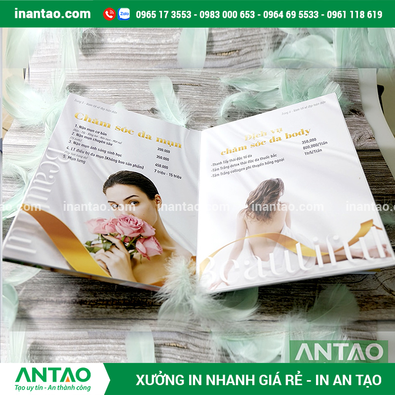 Menu spa với thiết kế tối giản, thanh lịch trên nền trắng, thể hiện sự chuyên nghiệp và thư giãn.