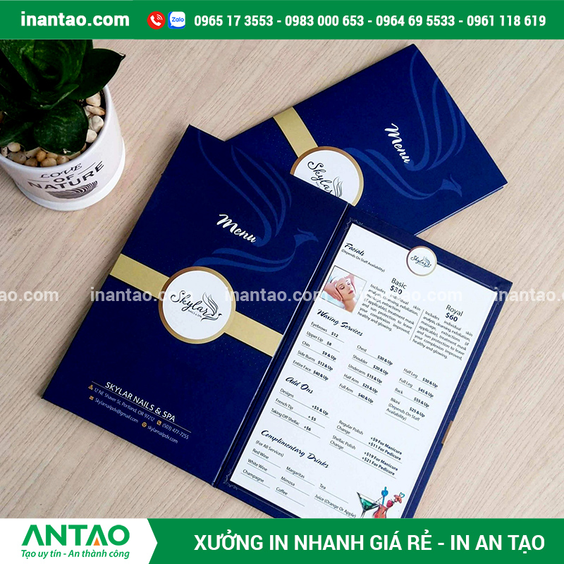 Mẫu menu dạng tờ gấp ba nhỏ gọn, tiện lợi cho quán trà sữa, in trên giấy Couche cán màng.