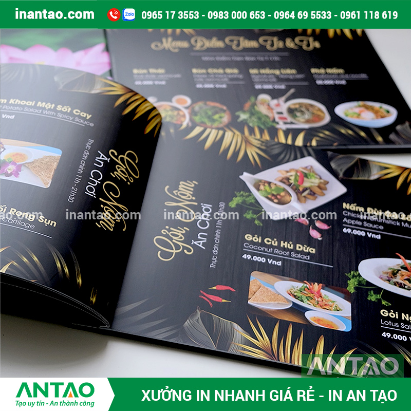 Giao diện thiết kế menu nhà hàng trên máy tính, thể hiện bố cục món ăn và hình ảnh hấp dẫn.