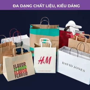 Nhiều mẫu túi giấy với các chất liệu và màu sắc khác nhau như trắng, đen, nâu được xếp cạnh nhau.