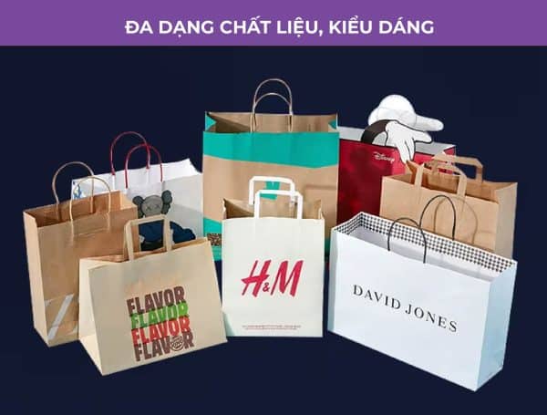 Nhiều mẫu túi giấy với các chất liệu và màu sắc khác nhau như trắng, đen, nâu được xếp cạnh nhau.