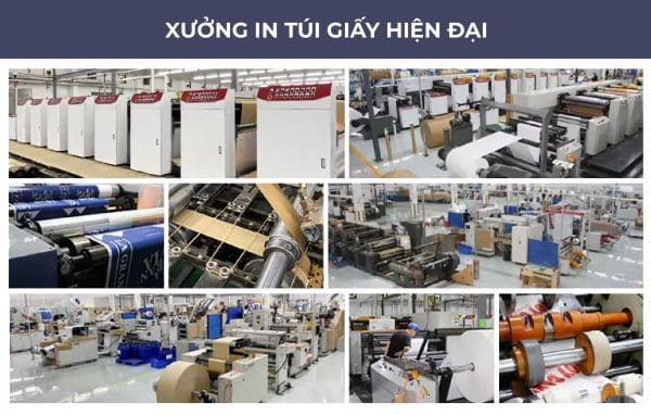 Toàn cảnh xưởng in túi giấy với máy móc công nghiệp hiện đại đang vận hành tại An Tạo.
