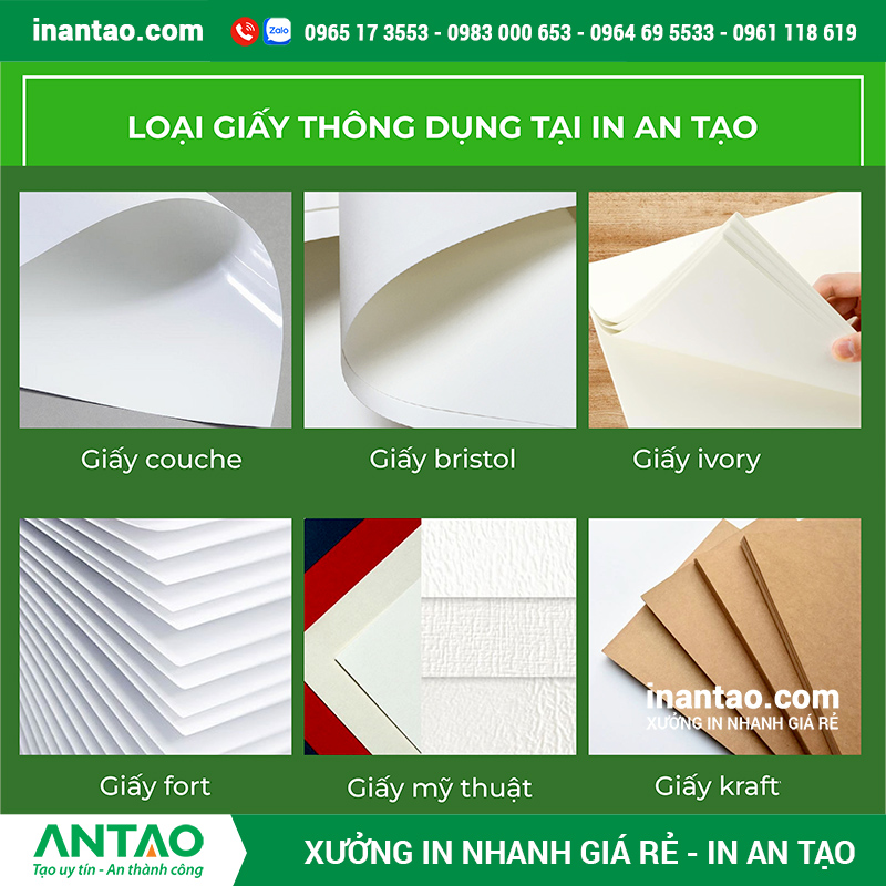 Hình ảnh các loại giấy in catalogue phổ biến, bao gồm giấy Couche và giấy Bristol, được xếp chồng lên nhau