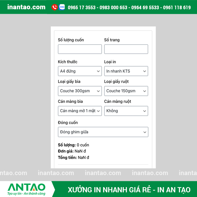 Form hướng dẫn cách tính giá in catalogue online tự động.