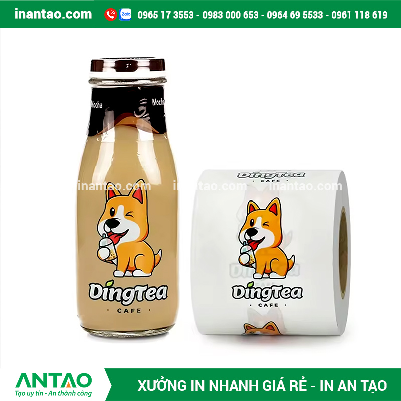 In tem dán chai nước ép, trà sữa chống thấm nước.