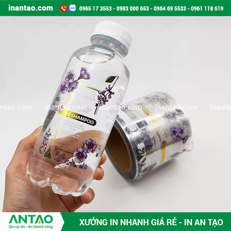 In tem decal nhựa trong suốt dán chai thủy tinh.