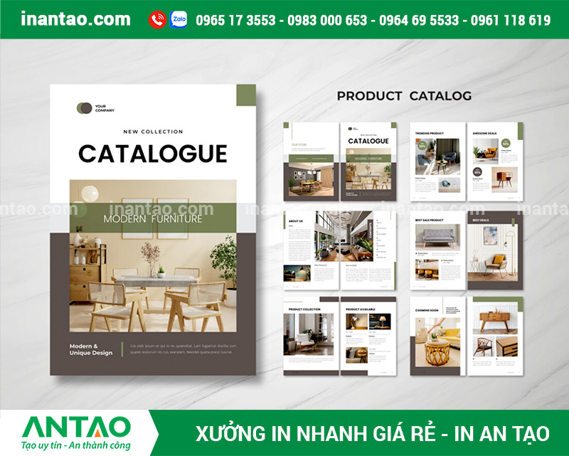 Mẫu Catalogue Nội Thất Tinh Tế Cuốn catalogue nội thất hiện đại trưng bày sản phẩm trong không gian phòng khách thực tế.